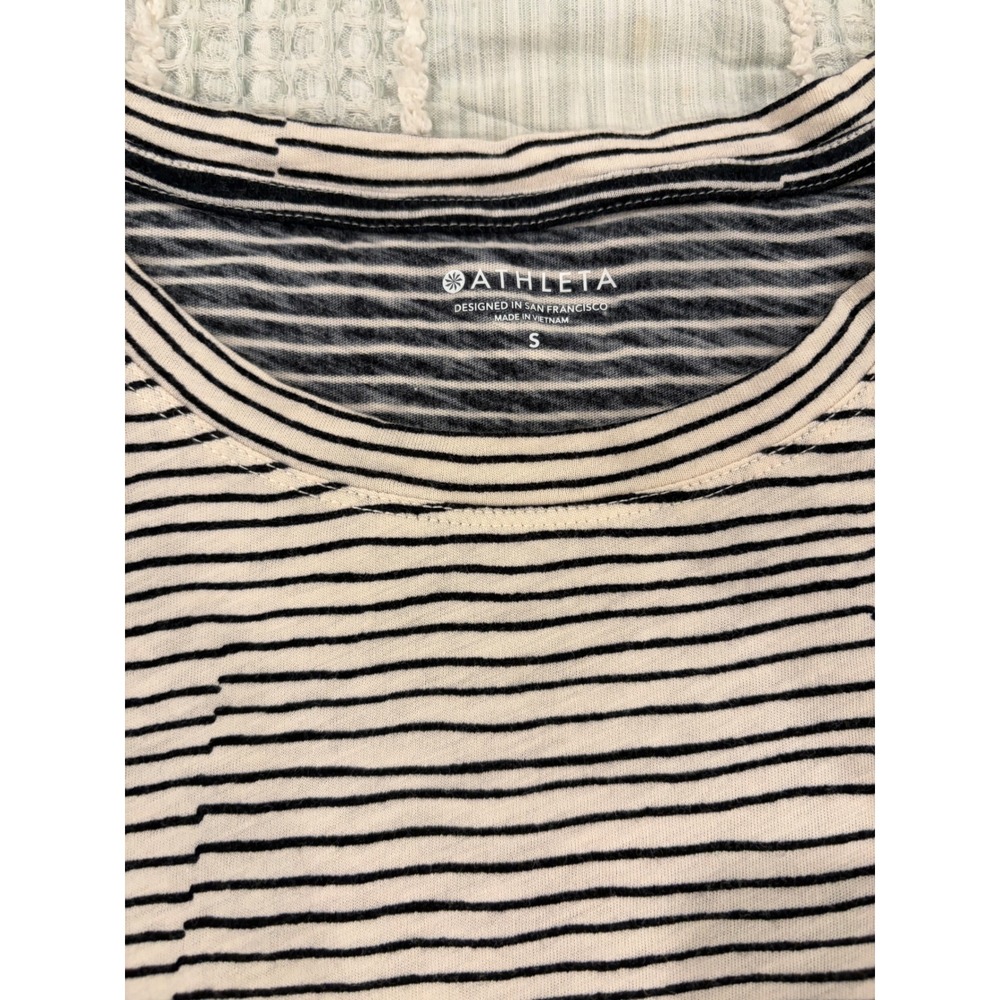 Athleta Womens Striped Short Sleeve T-Shirt Black Cream Cotton Crew Neck Small - Picture 3 of 6